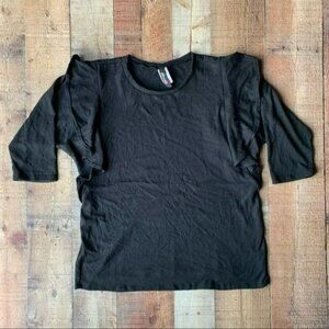 Libian women’s black 3/4 sleeve dolman top with ruffle shoulders - XL